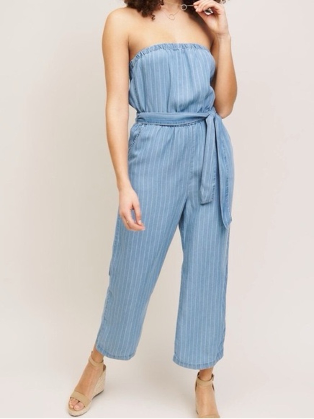 Dynamite Pinstripe Strapless Jumpsuit with Tie